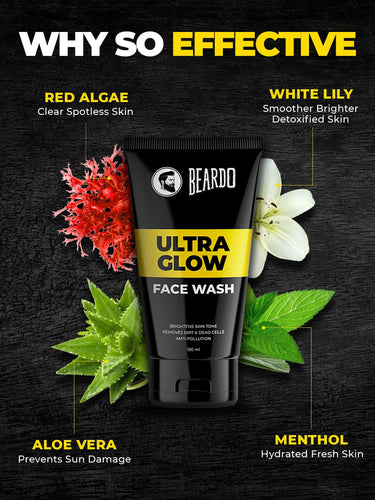 Beardo Ultraglow Face Wash for Men | Red Algae, White Lily & Menthol for Brightened, Hydrated and Refreshing Skin | Face Wash for Tone Brightening and Glowing Skin | Suitable for All Skin Types | 100ml